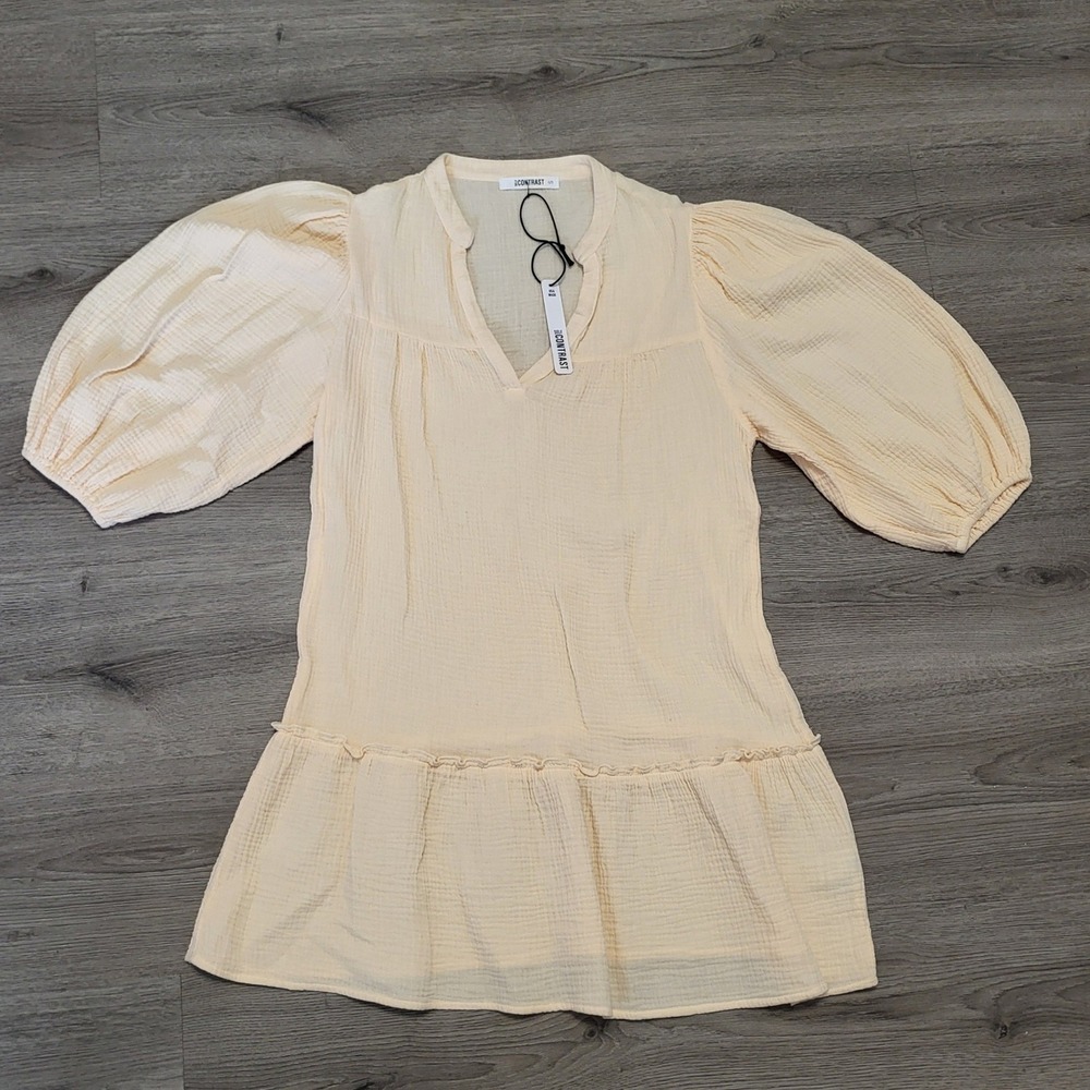 SELF CONTRAST‎ Puff Sleeve Mini Dress Ivory Boho Relaxed Summer Gauze size Small